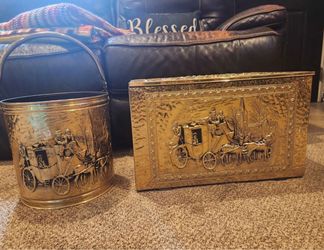 Vintage Embossed Brass Coal Bucket and Kindling Box Set (never used)