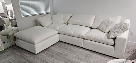 White Fabric Sectional Sofa with Chaise 4 segments cloud sofa Sectional stain resistant washable all cushions