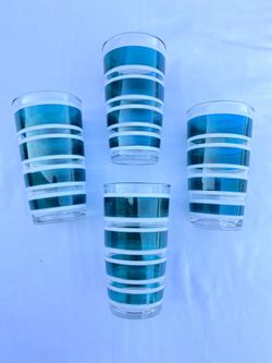Vintage Set Of Hazel Atlas Blue Stripe Drinking Glasses
