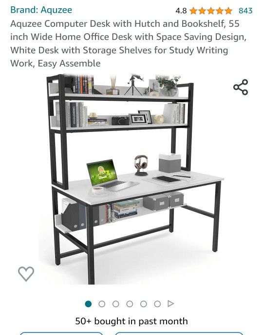 Aquzee Computer Desk with Hutch and Bookshelf, 55 inch Wide Home Office Desk with Space Saving Design, White Desk with Storage Shelves for Study Writi