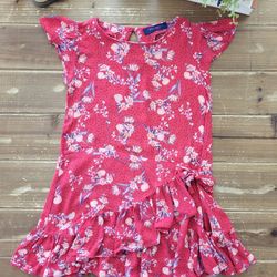 SIZE 7-8 GIRLS RED RUFFLE SLEEVES FLORAL DROP-WAIST DRESS