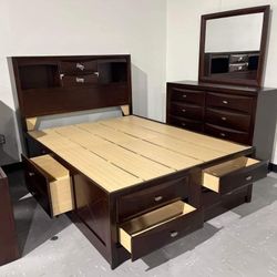 EMILY DARK CHERRY STORAGE PLATFORM BEDROOM SET
(Queen Bed, Dresser, Mirror, Nightstand)