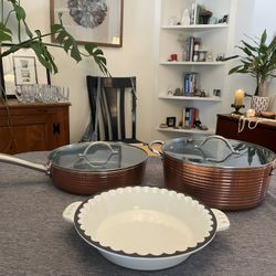 Copper Pans And Enameled Cast Iron Pie Dish Bundle