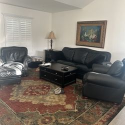 Black Leather Couch Two Chairs And Ottoman