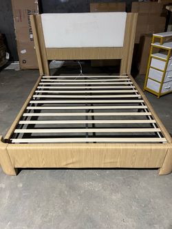 King Size Bed Frame, Faux Leather & Oak Wood Grain, LED Lights Upholstered Platform Base, Curved Wingback Headboard with Corduroy, Rounded Corners, Wo
