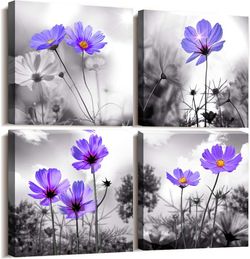 CANVAS WALL ART - FOUR PIECES - CYAN BLUE FLOWER FRAMED ART