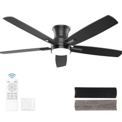 52 Inch Flush Mount Black Ceiling White Fan with Light and Remote  X(182)