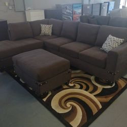 Brown Sectional W/ Ottoman + Rug