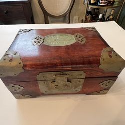 Antique Hand Carved Asian Music Box. Wood, Metal, Brass, & Jade Inlay Stone.