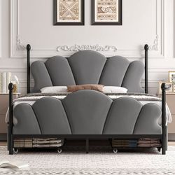 4 Drawer Bed Frame, Heavy Duty Metal Platform Bed with Adjustable Velvet Upholstered Headboard
