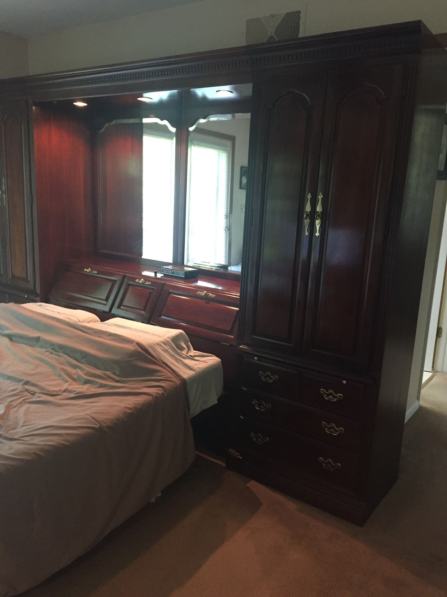 Thomasville Queen Bedroom Set (Armoires, lightbridge, headboard, frames, dresser)