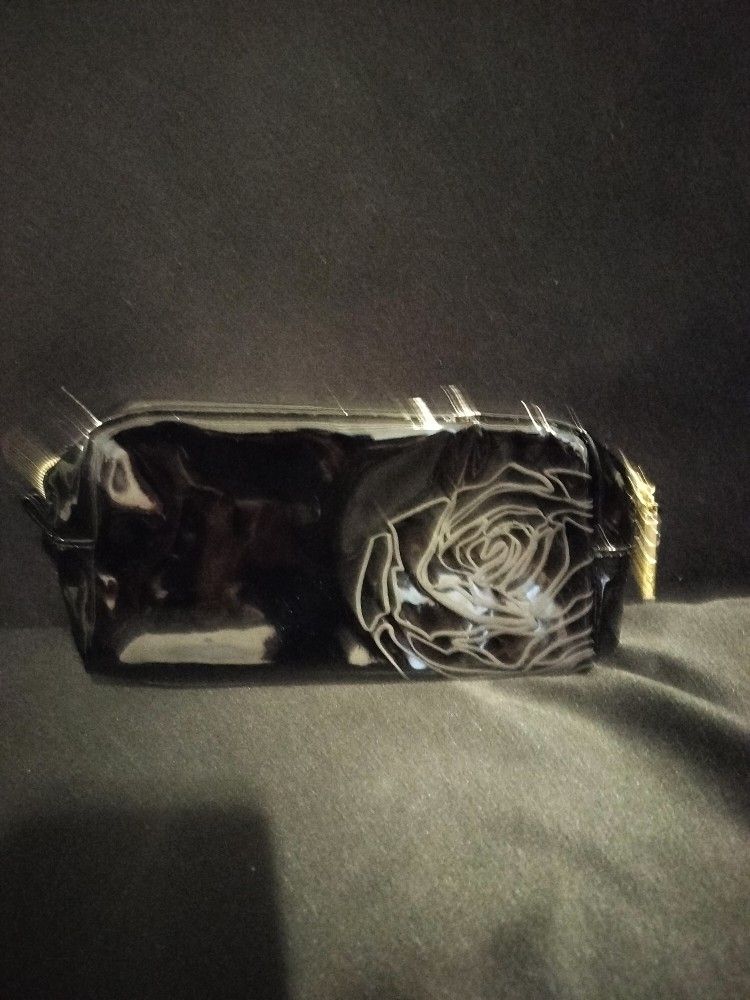 Lacome Black Shiney Flower Patterned Toiletry Bag