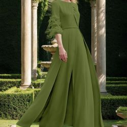 Jewel Neck Half Sleeves Ankle-Length Mother Of The Bride Pantsuits With Feathers