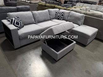 NEW REVERSIBLE Chaise Sectional Couch Set with FREE Storage Ottoman Left or Right Lounge Gray Fabric Living Room Apartment Sofa Open Shelf Storage Arm