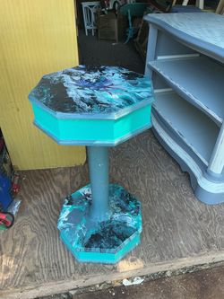 Octagonal Fluid Art Pedestal Side Table 29 inches tall and 16 by 16 inches across the top
