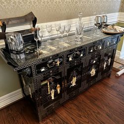 Black Oriental Lacquer Mother Of Pearl Sideboard W/glass Top 