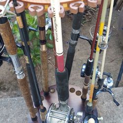 15 Fishing REELS And Rod With Vintage Rack And More Fishing Stuff