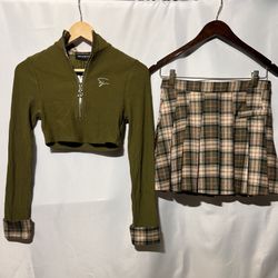 Shane Justin 2 Piece Long Sleeve Crop Top/plaid skirt Outfit Green Medium 