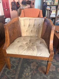 Vintage Cane Side Armchair with Tufted Cushions