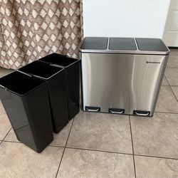 SONGMICS Trash Can, 3 X 4.8 Gallon Garbage Can, 14.4 Gallon Recycle Bin With Soft-Close Lids, Pedals, And Inner Buckets For Kitchen, Stainless Steel,