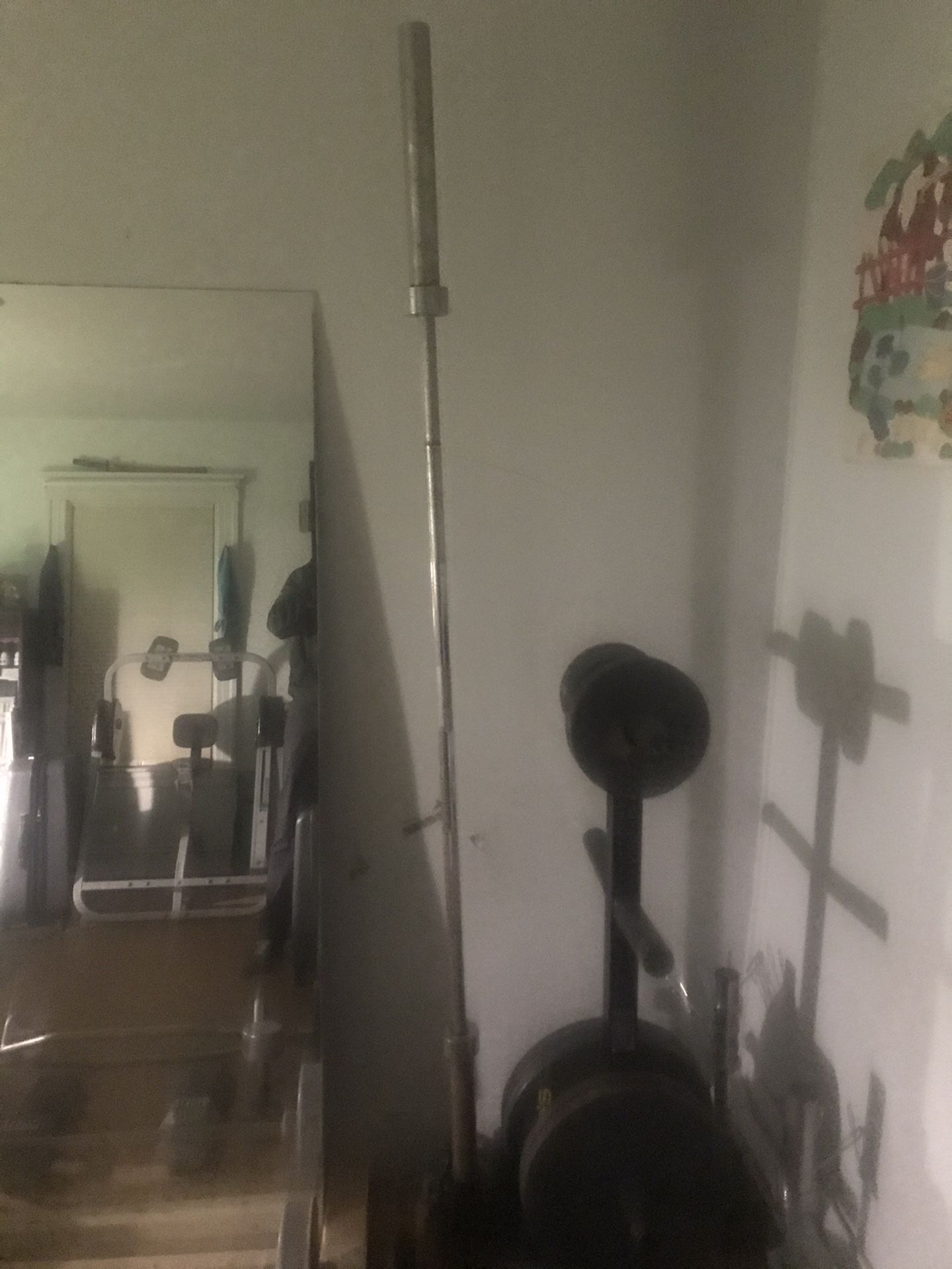 8’ Olympic weight lifting bar for squat. The knurling in the middle of the bar is there to keep the bar from slidding down your back. Asking $100 or