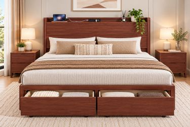 King Size Bed Frame with Storage Drawers & Built-in Charging Station – Walnut Brown