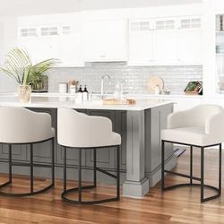 Beige 26in.Counter Height Fabric Upholstered Bar Stool Kitchen Island Stool With Metal Frame Set of  3