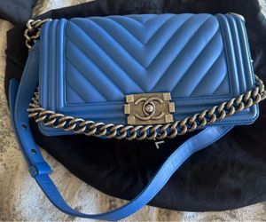 Chanel Boy Bag Blue Chevron Lambskin