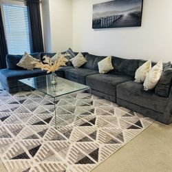Modern Grey Sectional Sofa + Glass Coffee Table (Excellent Condition)