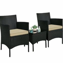 3 Piece Woven Rattan Patio Furniture Set, Arm chairs with 2 Cushions and 1 Side Table for Bistro, Porch, and Garden.
Black and khaki Cushions, NEW IN
