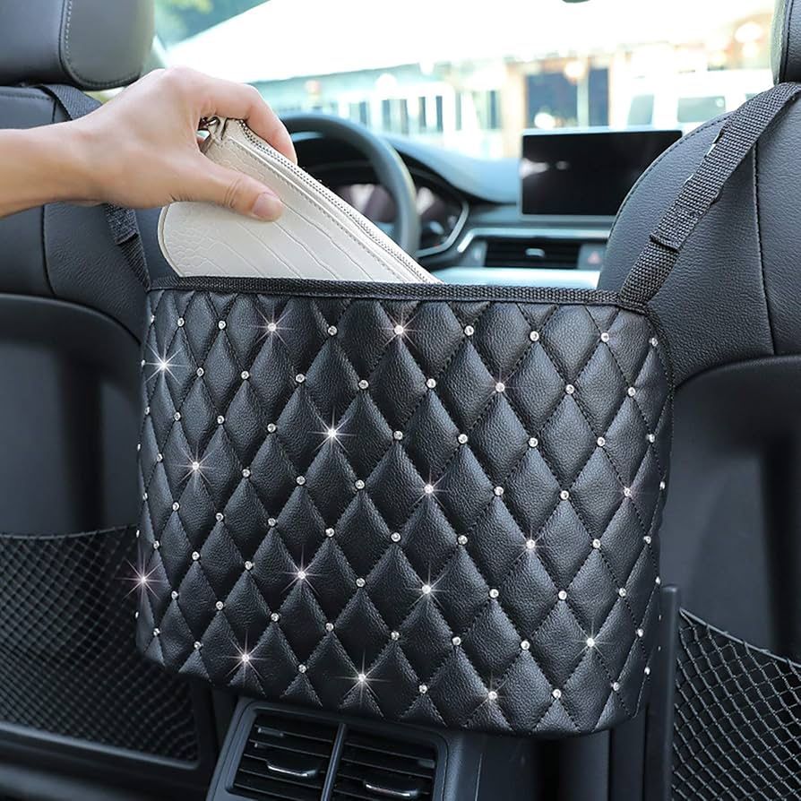 Car Storage Organizer Bag Holder Fit Between Seats PU Leather Black w/Diamonds