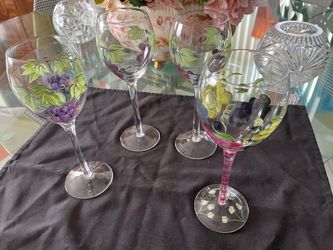4 hand painted wine glasses