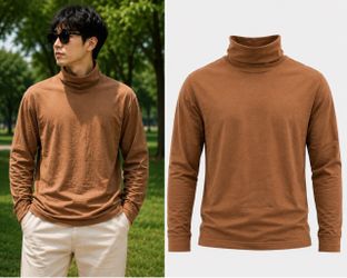 Men’s Brown Turtleneck Long Sleeve Shirt – Casual Minimalist Fall Winter Top