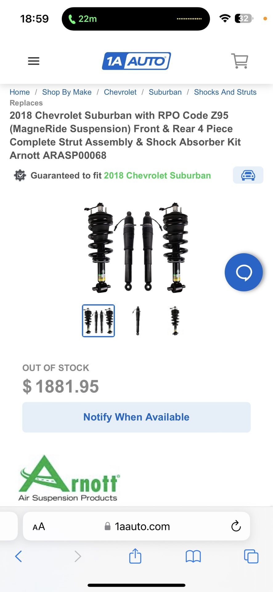 2018 Chevrolet Suburban with RPO Code Z95 (MagneRide Suspension) Front & Rear 4 Piece Complete Strut Assembly & Shock Absorber Kit Arnott ARASP00068