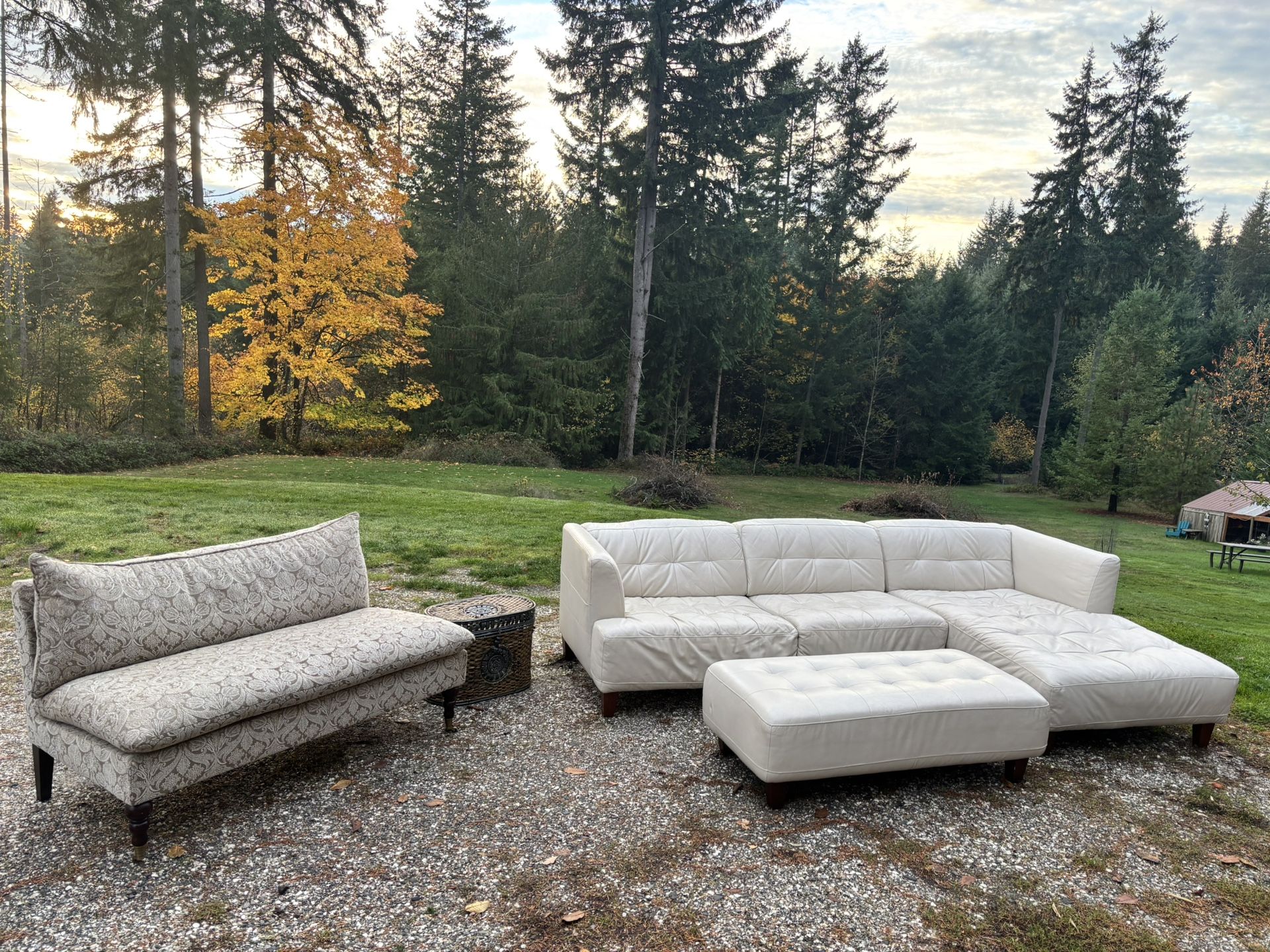 Cream Leather Sectional With Ottoman And Brown /cream Loveseat