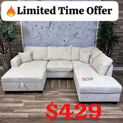 Beige Corduroy Sectional Sofa With Storage Ottoman 106"W X 76"D X 35"H