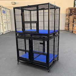 (NEW) $370 Stacking Dog Cage (Set of 2) Heavy Duty 41x31x65” Crate Kennel w/ Plastic Tray, Wheels