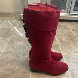 Beautiful Fancy Cranberry Red Velvet Boots Perfect For This Weather Never Worn Size 8m