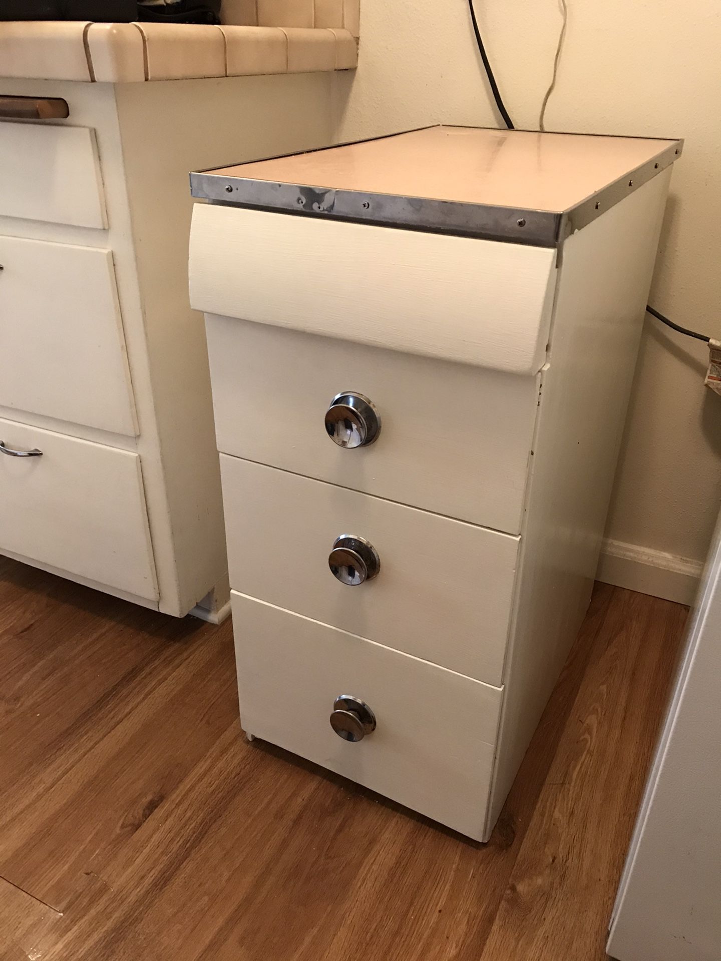 Vintage Pink 1950s Formica Atomic Boomerang Cabinet Drawer Storage Chrome 50s MCM Mid Century