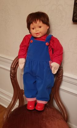 Rare Vintage 1997 Citytoy Bashful Kids 30 Inch  Brunette Boy Doll With Overalls And Stuffed Animal In Pocket 