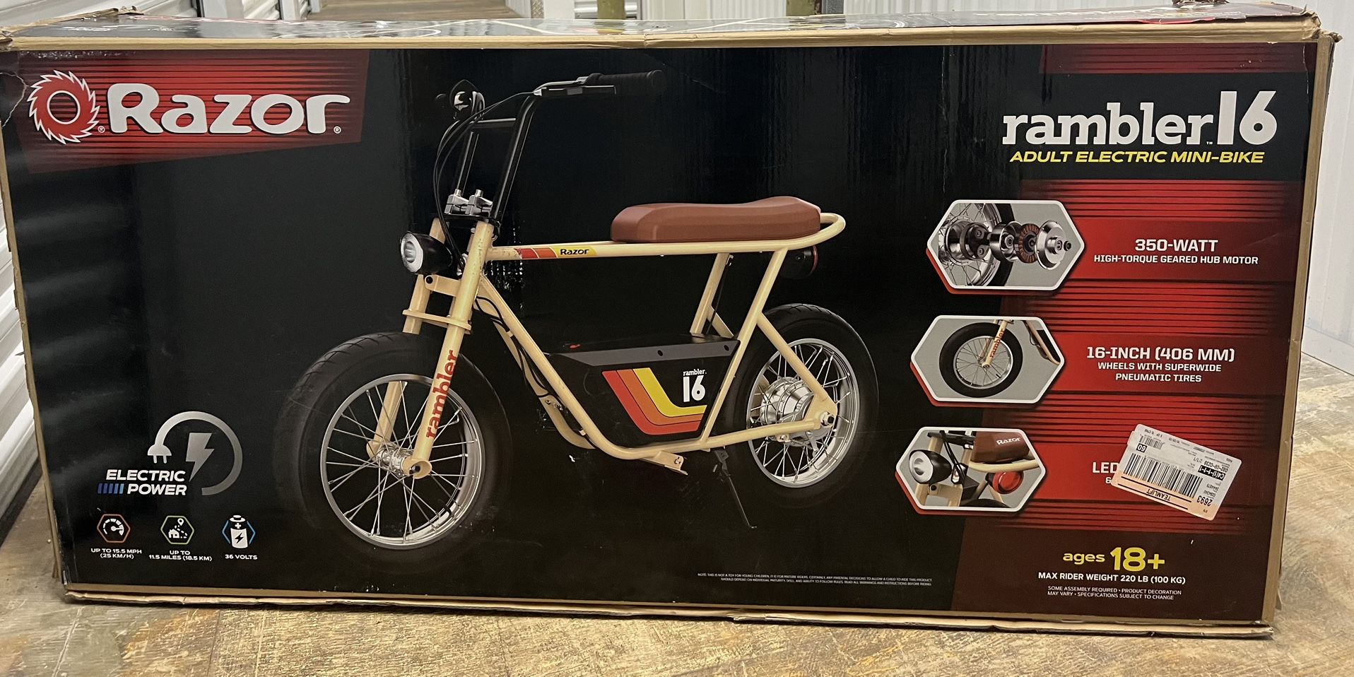 Razor Rambler 16 – 36V Electric Minibike with Retro Style, Up to 15.5 MPH, Up to 11.5 Miles Range, Wide, Rugged 16" Air-Filled Tires, Powerful 350 Wat