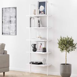 5-Shelf White Modern Bookcase, Open Wall Mount Ladder Bookshelf with Industrial White Metal Frame, White