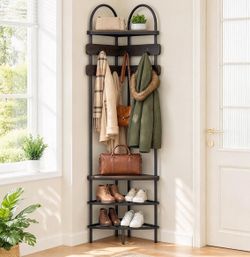 Corner Hall Tree with Shoe Bench Entryway Coat Rack with 6 Metal Hooks