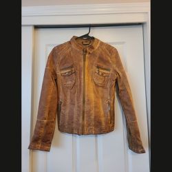 Faux Leather Moto Jacket Zip-Up Coat with Pockets- Size M Juniors
