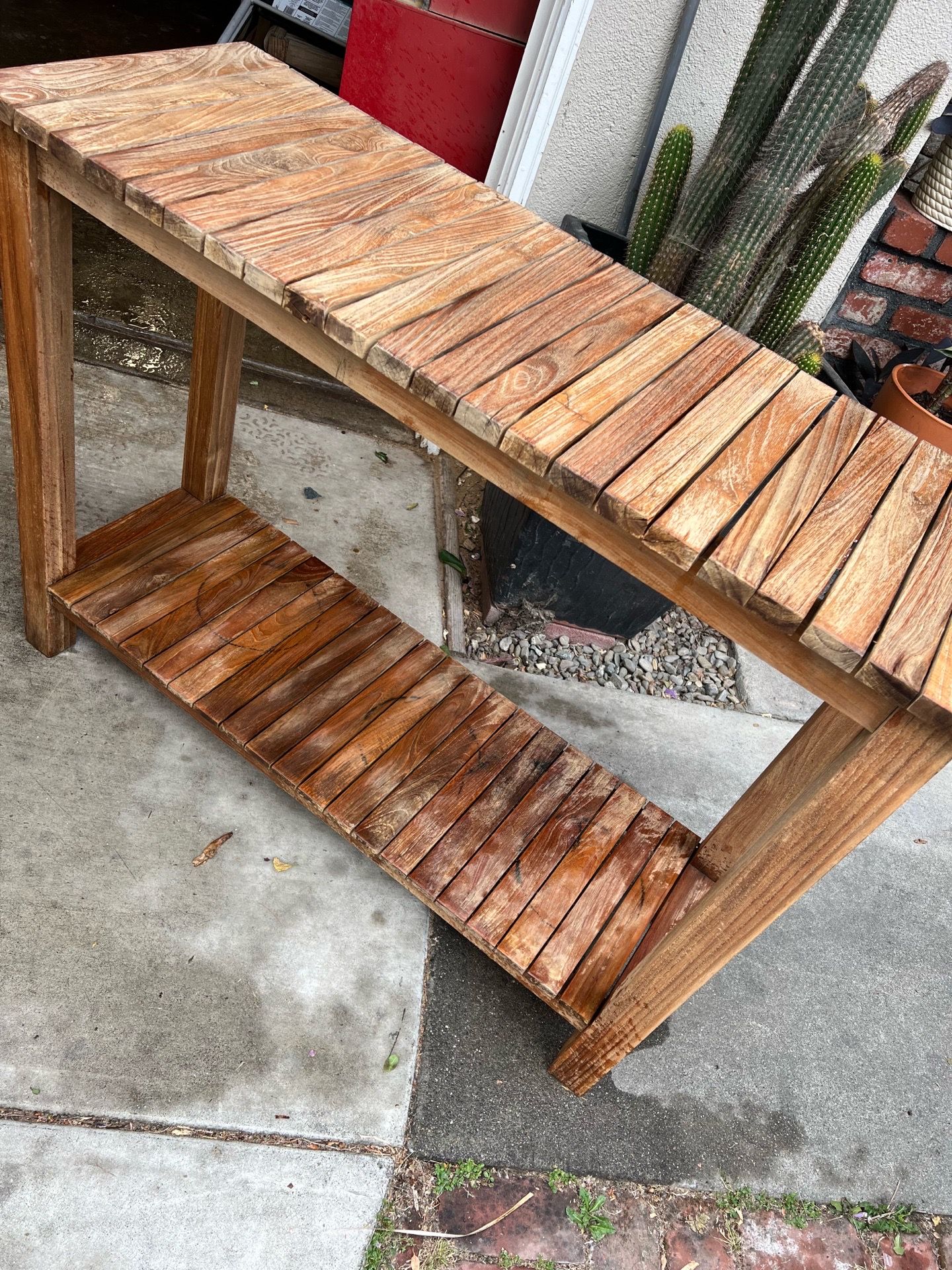 Teak Outdoor Center Console Credenza Table Hutch Located in concord Recently cleaned, sanded and teak oiled Heavy and sturdy No damages whatsoever