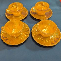 Vintage Fire King Peach Lustre Swirl Demitasse Tea Cups And Saucer Set -4 Sets 