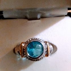 Beautiful ❤️ Aquamarine 💯925 Italian Silver Ring 💍 With 14 Kt Gold Stripes On The Side.🆕 Size 7