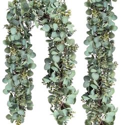 Ouddy Decor 2 Pack Eucalyptus Garland Total 13.1 Ft Lush Silver Dollar Leaves Boxwood Artificial Faux Greenery Vines for Baby Shower Wedding Party Tab