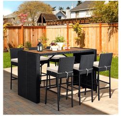 7 Piece Patio Dining Set Outdoor Acacia Wood Bar Table and Chairs
