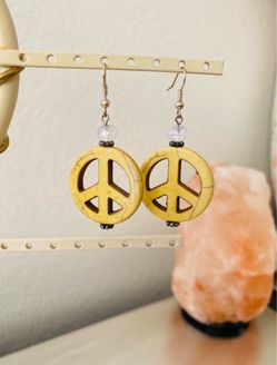 Brand New Handmade Yellow Peace Sign Stone Drop Earrings / 3.5in Long